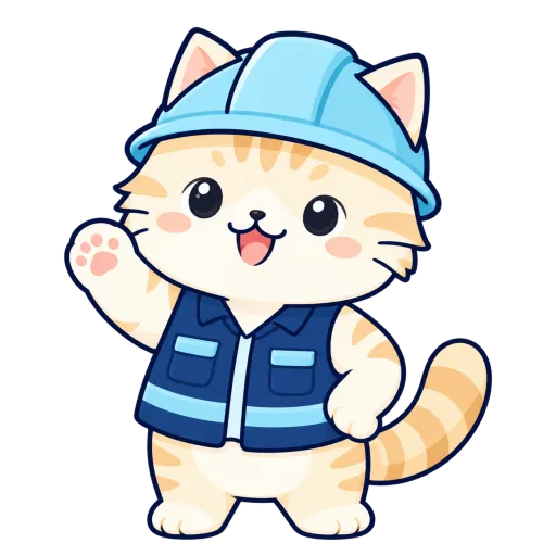 水色のヘルメットと紺色のベストを着て、手を振る茶トラの猫